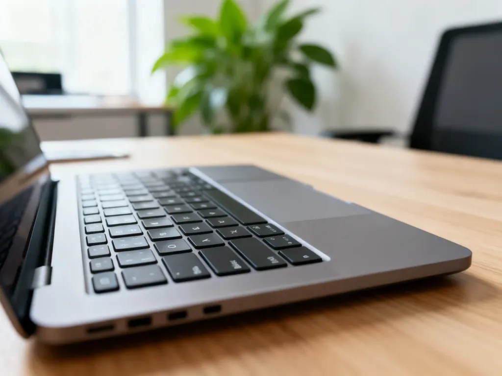 Nowoczesny laptop na biurku w domowym biurze, gotowy do pracy i nagrywania ekranu.