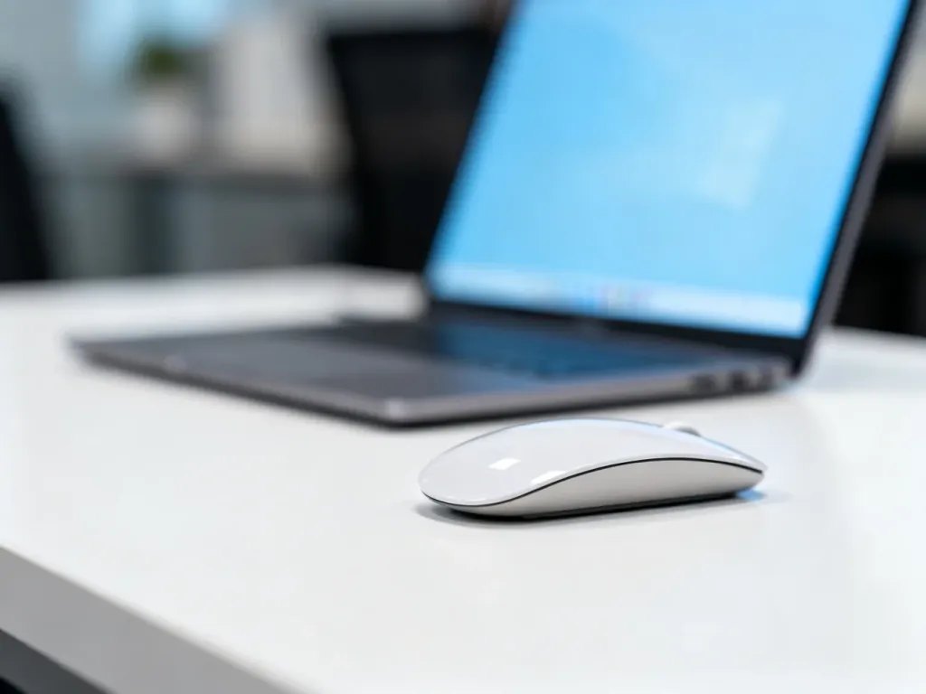 Nowoczesne biurko z myszką komputerową i rozmazanym ekranem laptopa w tle, symbolizujące pracę w programie Outlook.