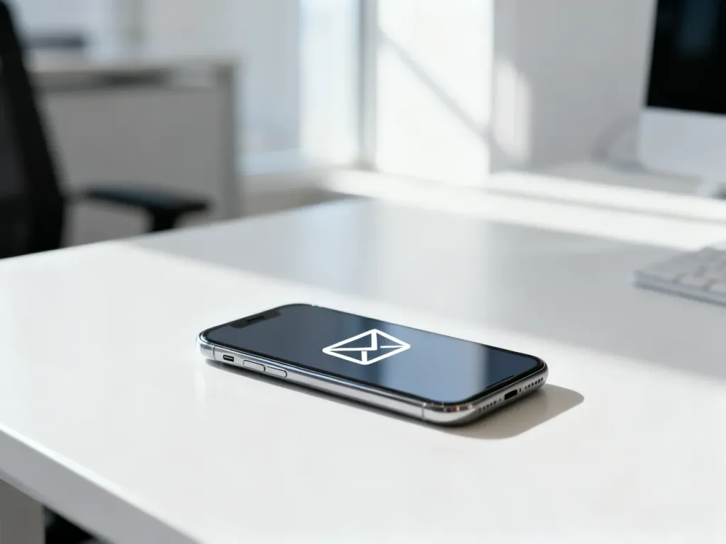 Nowoczesny smartfon z ikoną poczty e-mail na ekranie, leżący na biurku w jasnym, profesjonalnym biurze.