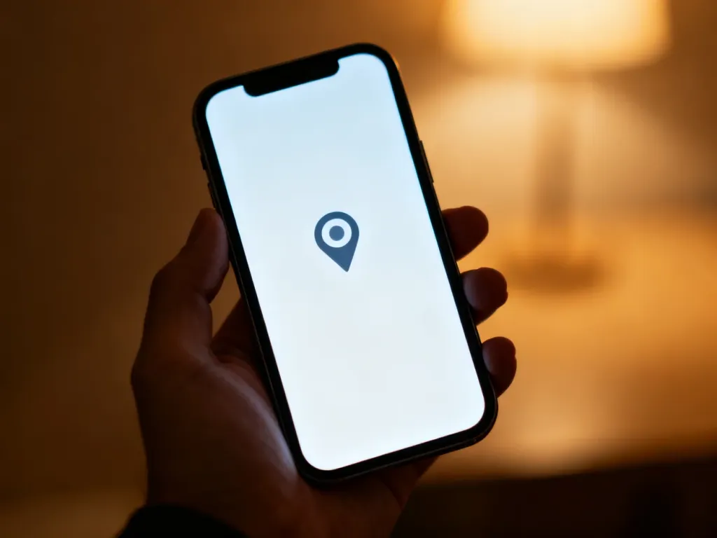 Dłoń trzymająca smartfon z wyświetloną mapą i pinezką lokalizacji, symbolizująca nowoczesne narzędzie do śledzenia telefonu.