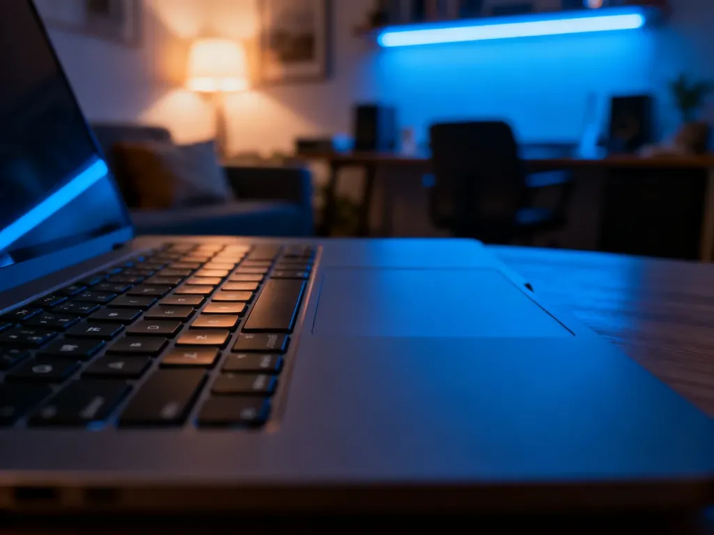 Nowoczesna klawiatura laptopa Lenovo z włączonym niebieskim podświetleniem w przytulnym, przyciemnionym biurze.