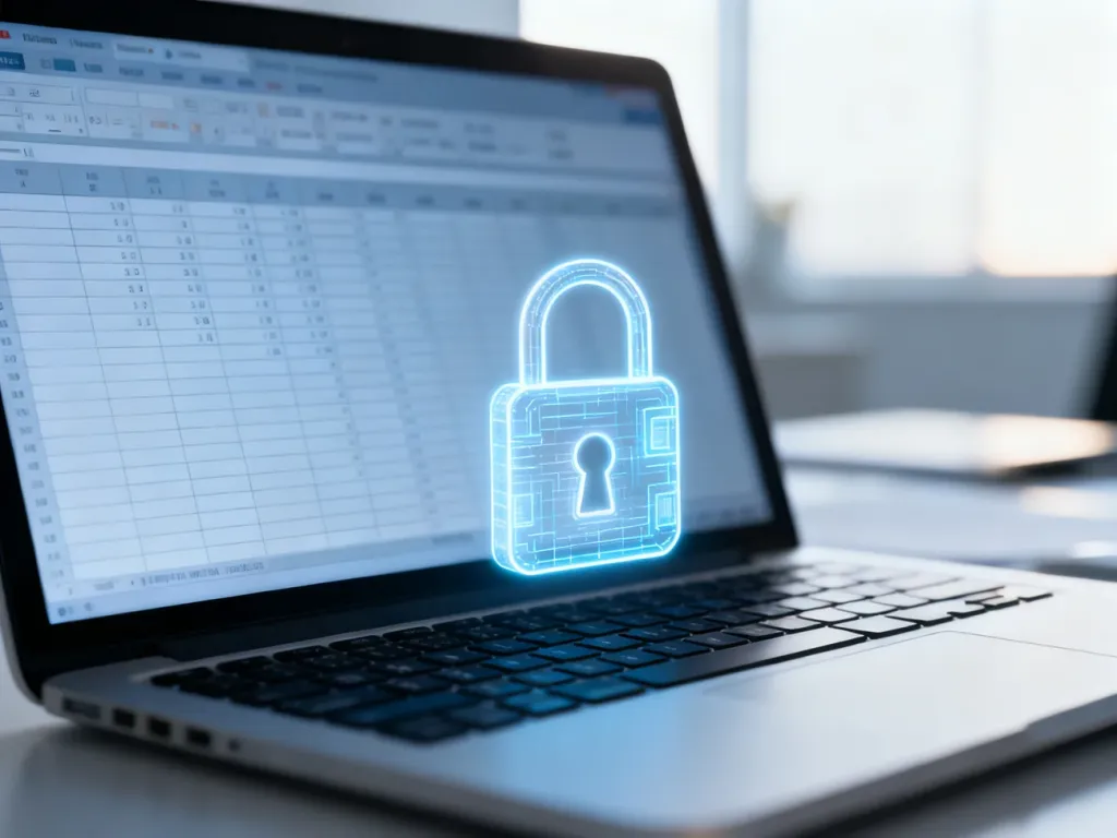 Ekran laptopa z arkuszem kalkulacyjnym i cyfrową ikoną kłódki, symbolizującą zabezpieczenie pliku Excel hasłem.