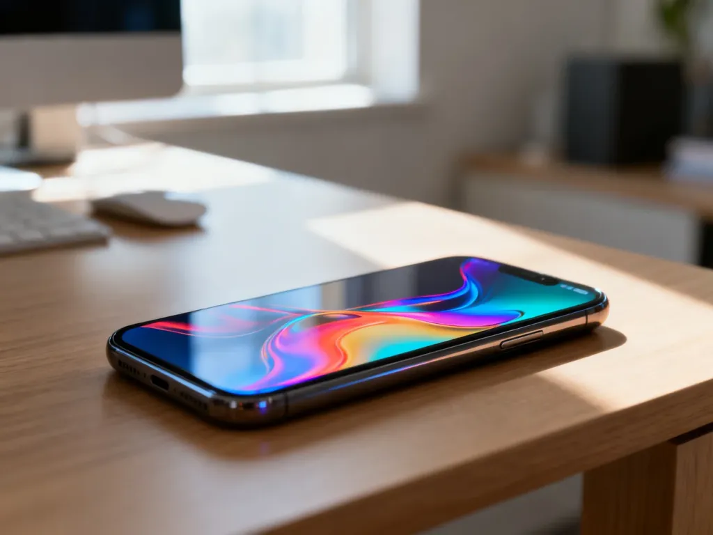 Nowoczesny smartfon z kolorową grafiką na ekranie, leżący na minimalistycznym drewnianym biurku w słonecznym biurze.
