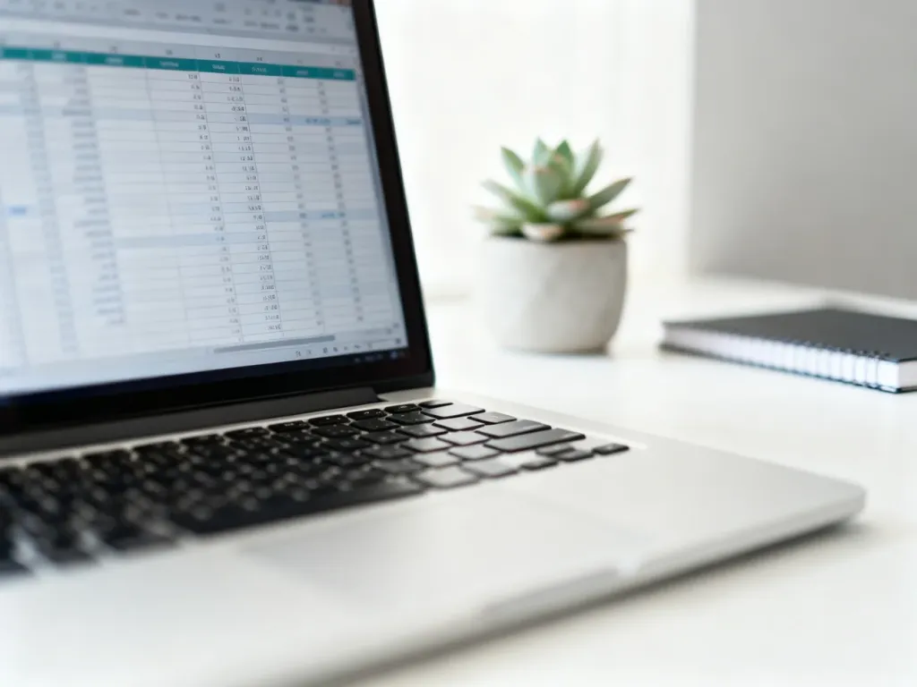 Nowoczesne stanowisko pracy z laptopem i arkuszem kalkulacyjnym na ekranie, ilustrujące pracę z programem Excel.
